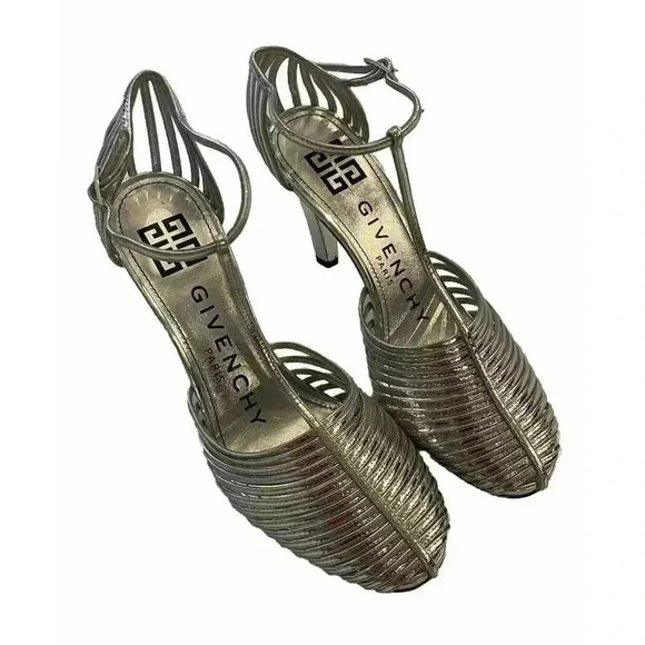 Givenchy Metallic Leather Pumps Shoes 36 6 US T Strap Peep Toe Heel Sandals Cage - Picture 2 of 10